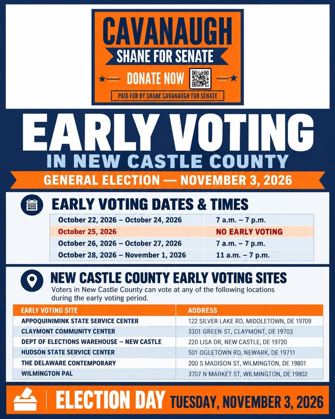 Early voting in New Castle County for the General Election on November 3, 2026. Early voting dates and times: October 22–24, 7 a.m.–7 p.m.; October 25, no early voting; October 26–27, 7 a.m.–7 p.m.; October 28–November 1, 11 a.m.–7 p.m. New Castle County early voting sites: Appoquinimink State Service Center, 122 Silver Lake Rd, Middletown, DE 19709; Claymont Community Center, 3301 Green St, Claymont, DE 19703; Dept of Elections Warehouse – New Castle, 220 Lisa Dr, New Castle, DE 19720; Hudson State Service Center, 501 Ogletown Rd, Newark, DE 19711; The Delaware Contemporary, 200 S Madison St, Wilmington, DE 19801; Wilmington PAL, 3707 N Market St, Wilmington, DE 19802. Election Day is Tuesday, November 3, 2026.