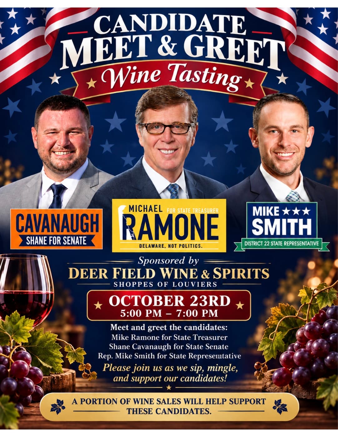 Candidate Meet & Greet Wine Tasting with Shane Cavanaugh for State Senate, Mike Ramone for State Treasurer, and Rep. Mike Smith for District 22 State Representative. Friday, October 23, 2026, 5:00–7:00 PM. Sponsored by Deer Field Wine & Spirits, Shoppes of Louviers. A portion of wine sales will help support these candidates.